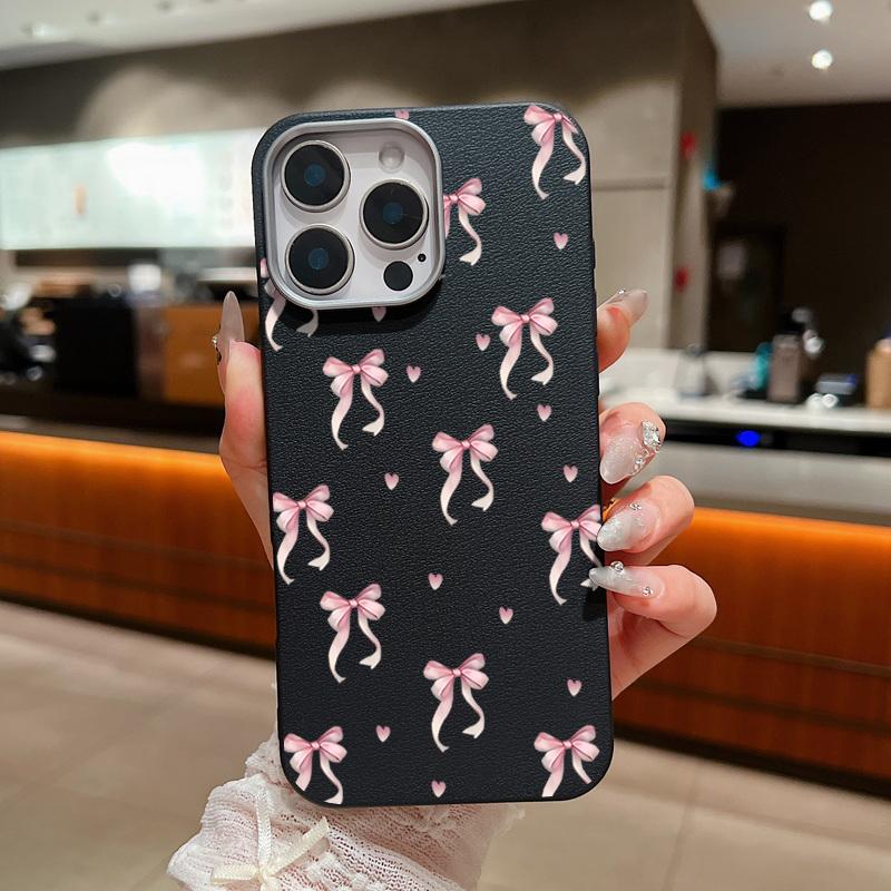 Розовый чехол с бантом для iPhone 16 Pro 15 14 Plus 13 12 Pro Max 11, противоударный кожаный текстурный мягкий тонкий матовый чехол из ТПУ