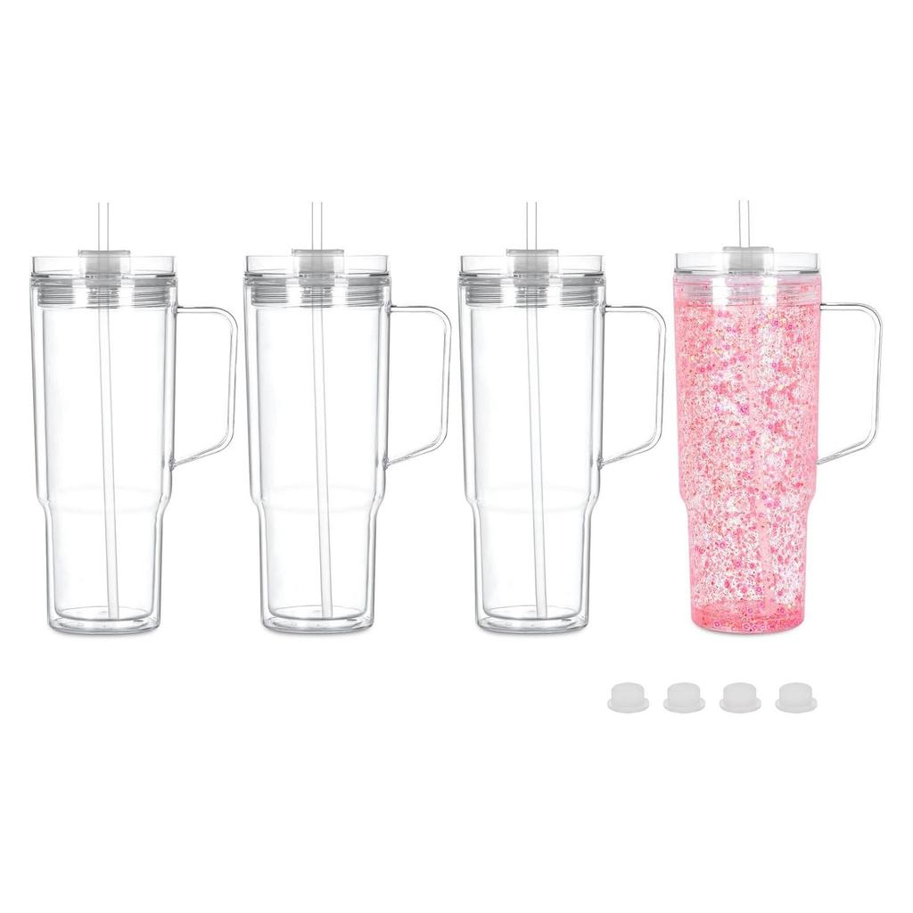 Акриловый тамблер-снежный шар 40 унций с ручкой, 4 штуки, предварительно просверленный акриловый прозрачный стакан с двойными стенками для глиттерного снежного шара, DIY