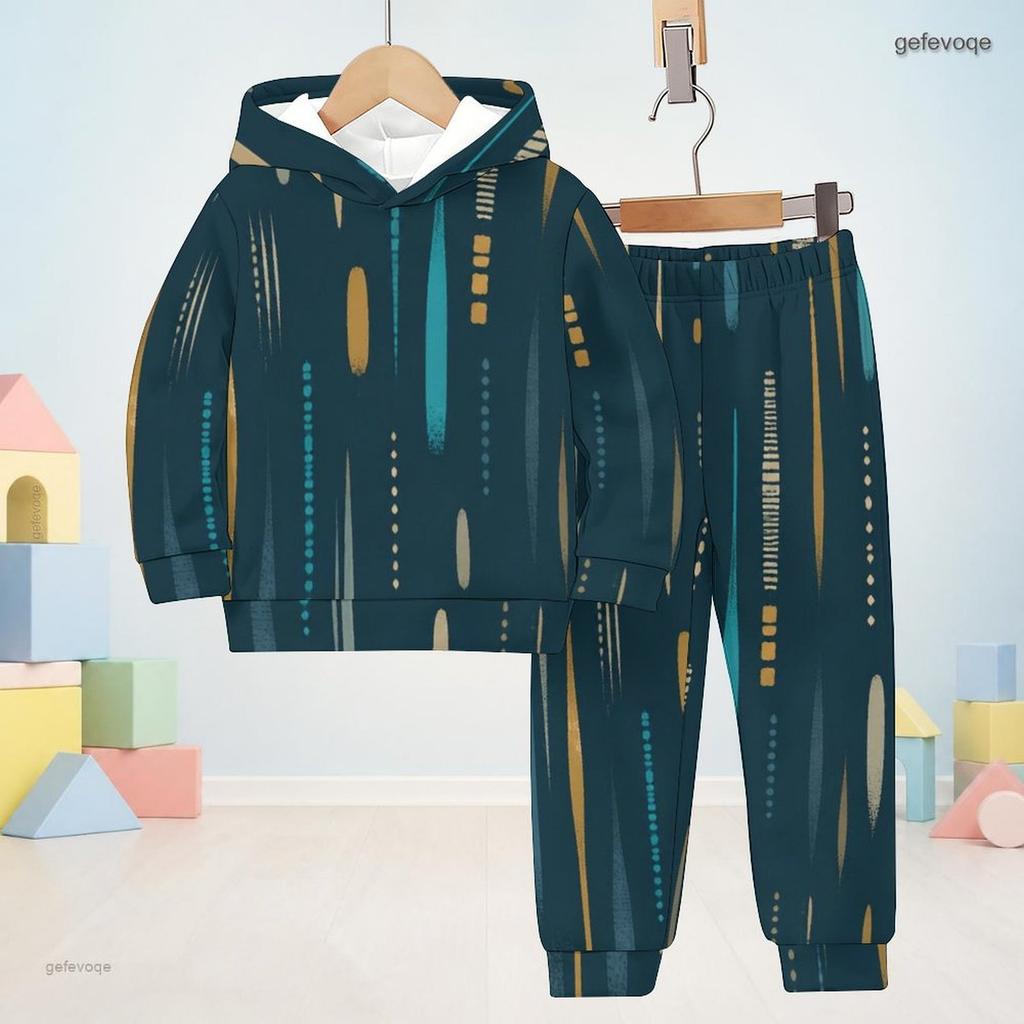 Unisex Kids Printed Hooded Long Sleeve Sweatshirt And Cuffed Pants Two Piece Set