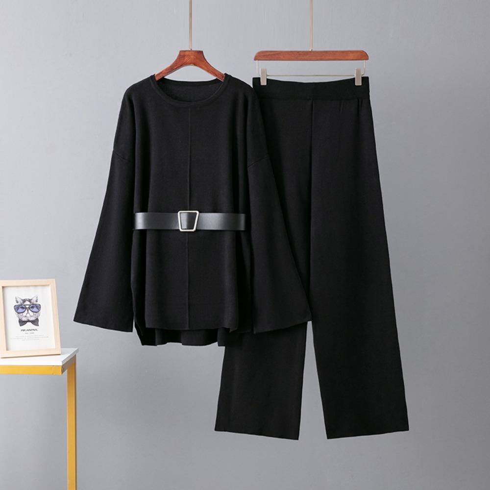 Вязаные брюки широкого кроя, пояс, костюм-свитер, женский весенне-осенний свободный модный темпераментный костюм-двойка