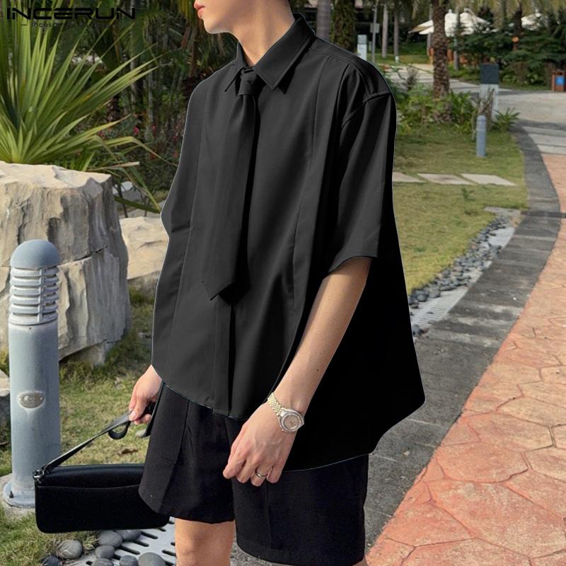 INCERUN Летние мужские рубашки с завязками на лацканах с коротким рукавом и пуговицами, повседневные рубашки с высоким и низким вырезом