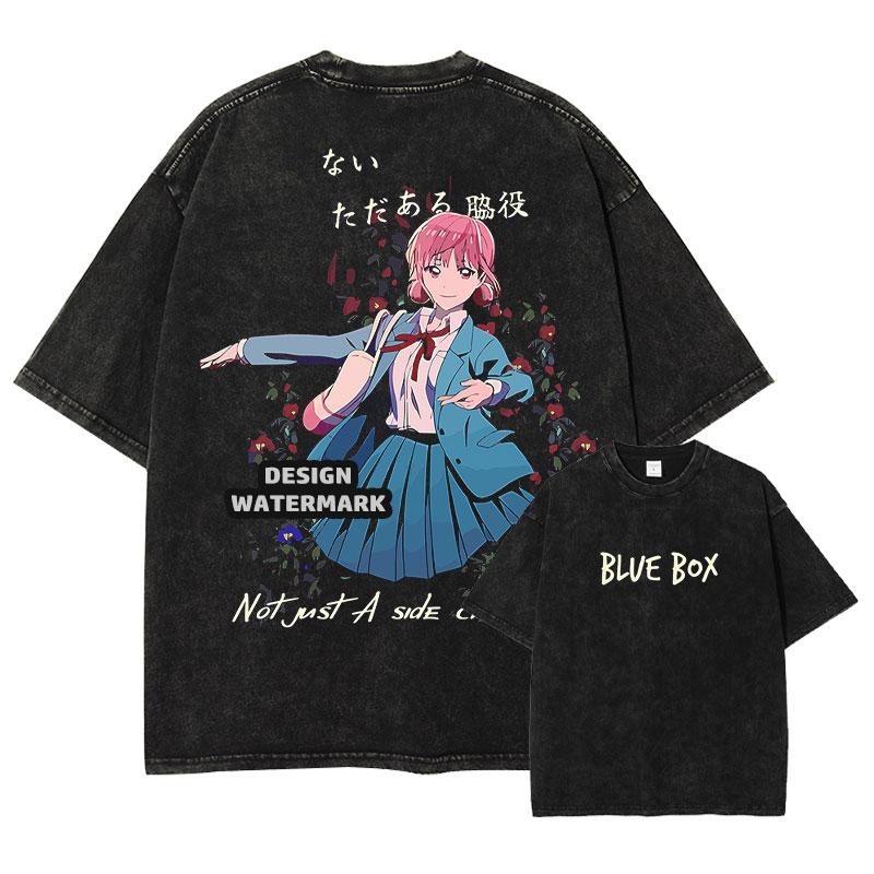 Bandai Ao no Hako T-shirt Vintage Washed B-Blue Box T Shirts Kano Chinatsu Chouno Hina Short Sleeve Tops Tees Men 100% Cotton