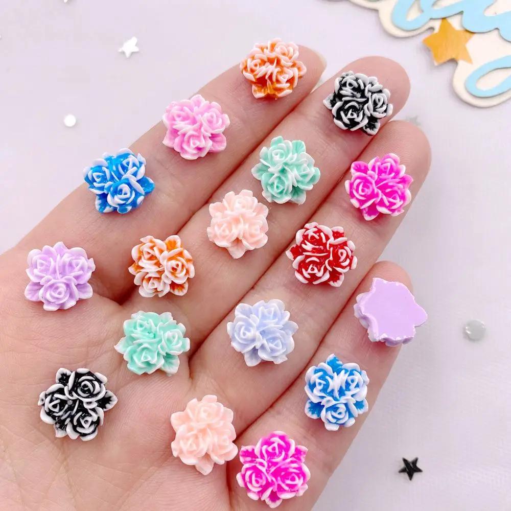 50pcs Mix Resin Mini Colorful Three Leaf Rose Flat Back Flower Figurines Nail Art DIY Wedding Scrapbook Crafts Accessories Decor