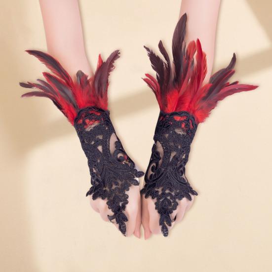 Women's Feather Wrist Cuffs Gothic Lace Feather Long Fingerless Gloves