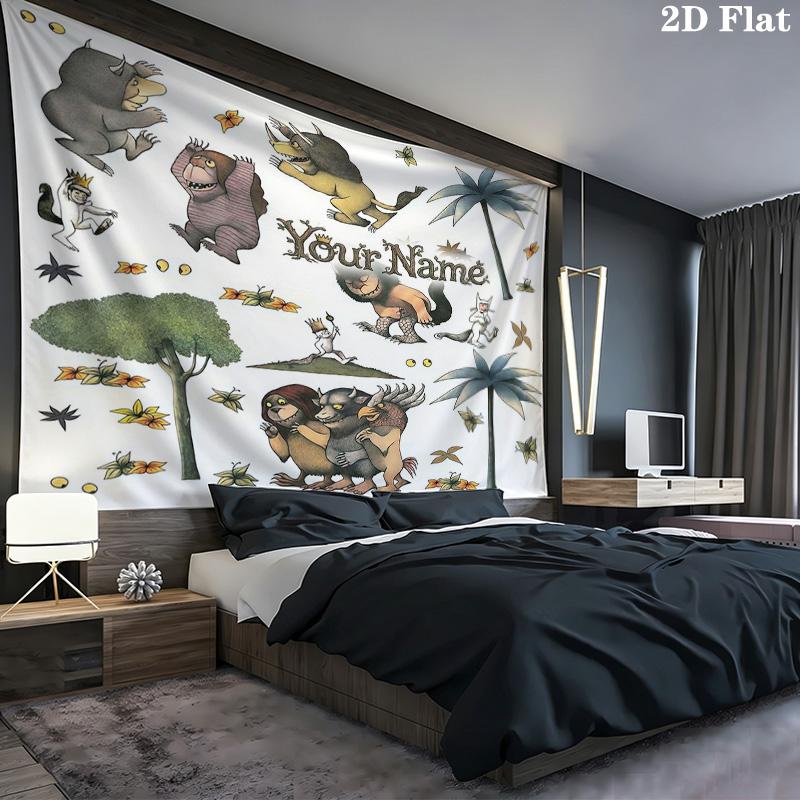 Cat Adventure Custom Name Wall Tapestry Aesthetic Wall Hanging Printed Fabric Blanket Decorative Tapestries For Bedroom Living Room Home Decor