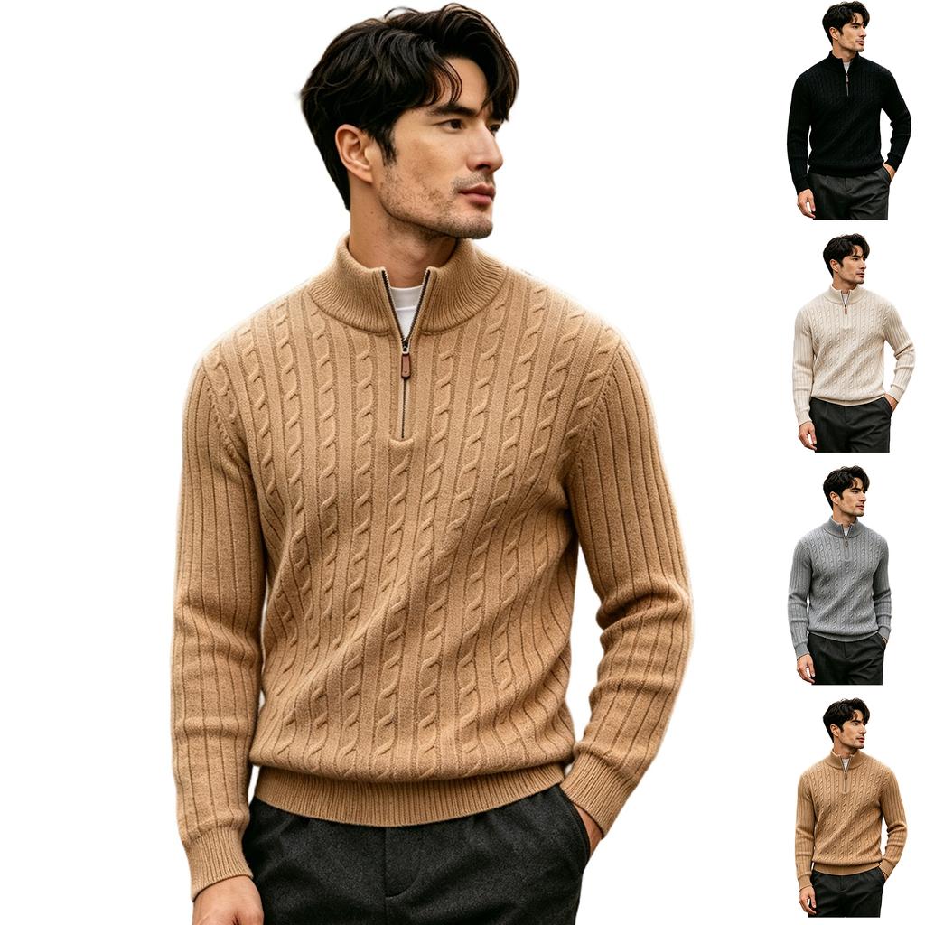 Men's Half Zip Cable Knit Sweater, Stand Collar Pullover for Fall Winter Business Casual