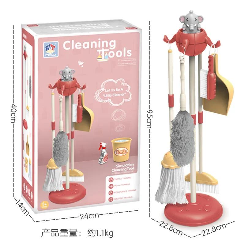 Children's Simulation Cleaning Tools Set - Cartoon Mini Housework Supplies Kit with Broom Mop Bucket, Kids Playhouse Toys
