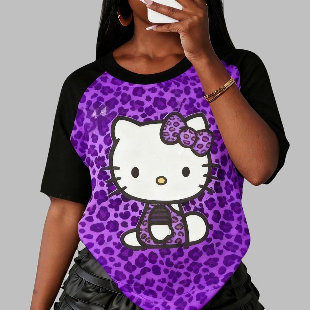 Leopard Print Hello Kitty Sweet and Cool American Street Style Summer T-Shirt Loose Top