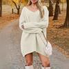Women's Fashion Casual V-neck Long Sleeve Rib Knitted Sweater Dress