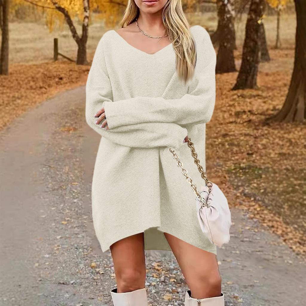 Women's Fashion Casual V-neck Long Sleeve Rib Knitted Sweater Dress