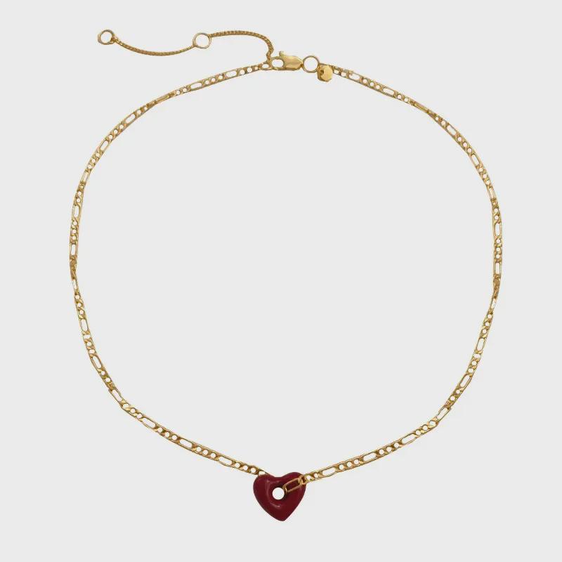 High-Grade Wine Red Heart Necklace & Earrings - Copper Plated, Real Gold, Simple Hong Kong Style Clavicle Chain