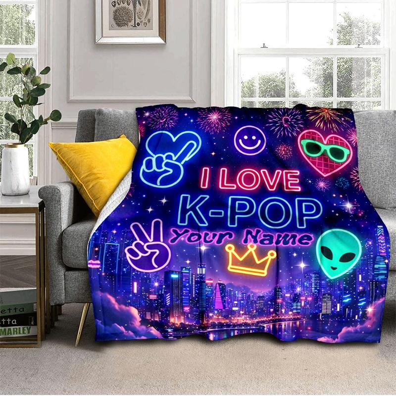 1PC Custom Name K-Pop Neon Celebration blanket versatile,all-season throw suitable for the living room,bedroom,camping,travel,and gift