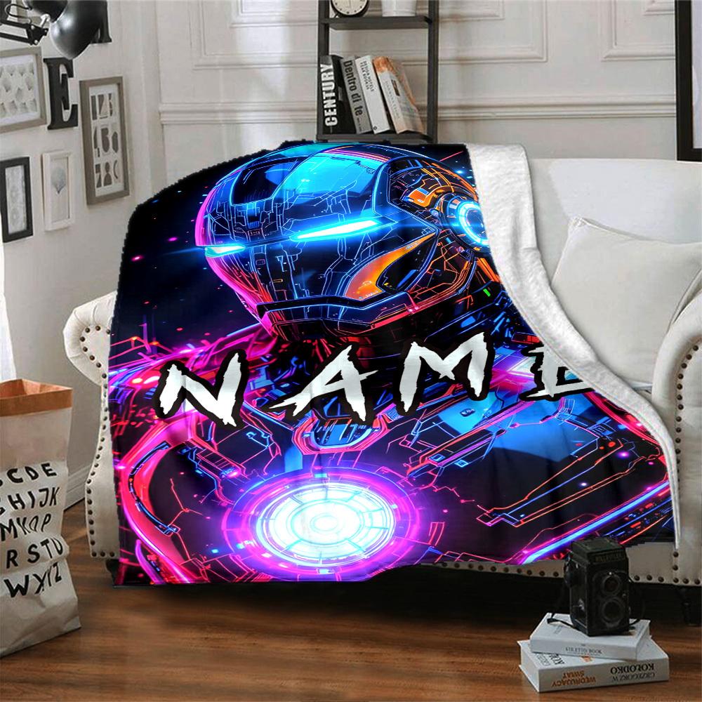 Neon Iron Man Helmet In Space Theme Throw Customizable Blanket Personalized Name Durable Comfort Great For Sofa Couch Office Bed Picnics Ideal For All