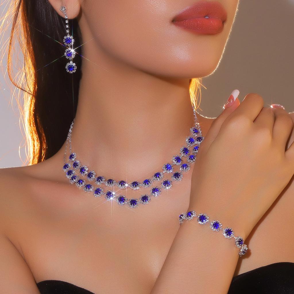 Fashion Shiny Rhinestone Necklace Earrings Bracelet Set, Luxury Temperament Necklace Earrings 3-piece Set