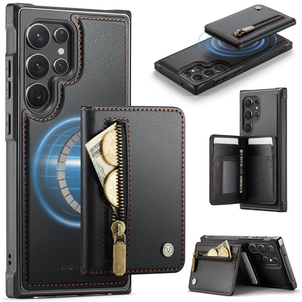 For Samsung Galaxy S22 Ultra 5G Case JEEHOOD J12 Magnetic Detachable Zipper Wallet Kickstand Leather Back Cover Magnetic Case