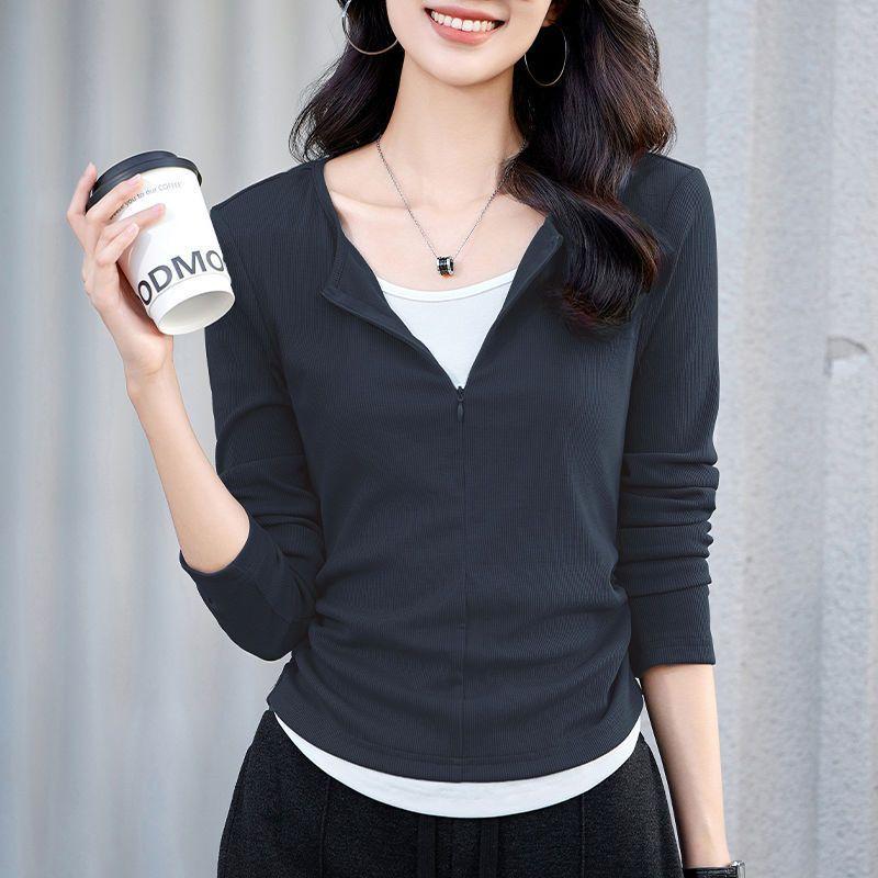 Женская футболка с имитацией двухслойного дизайна, с длинным рукавом, для осени