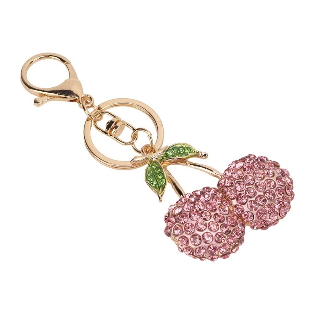 2pcs Sparkling Finish Cherry Keychain Red & Pink Key Ring Pendant Fruit Bag Charm For Car Accessory