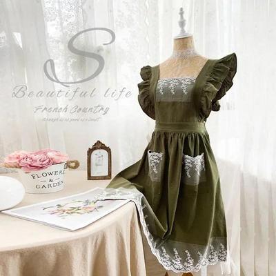 Винтажное модное хлопково-льняное платье-фартук с рукавами-рюшами и кружевной отделкой