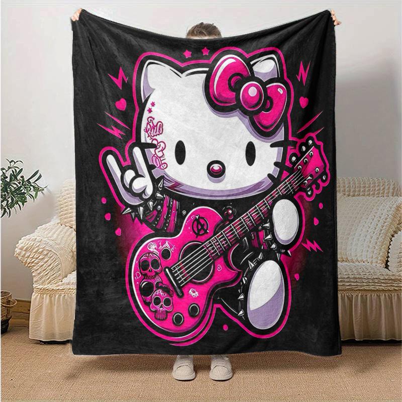 1pc Hello Kitty Rocks Blanket, Soft Throw for Room Decor, Perfect Gift for Family and Friend, Family-Friendly Design, Suitable for All Seasons, Cozy a