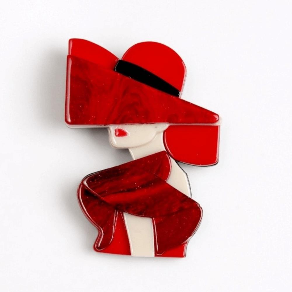 Cartoon Women Portrait Pin Acrylic Girl Badge Retro Lady with Hat Brooch