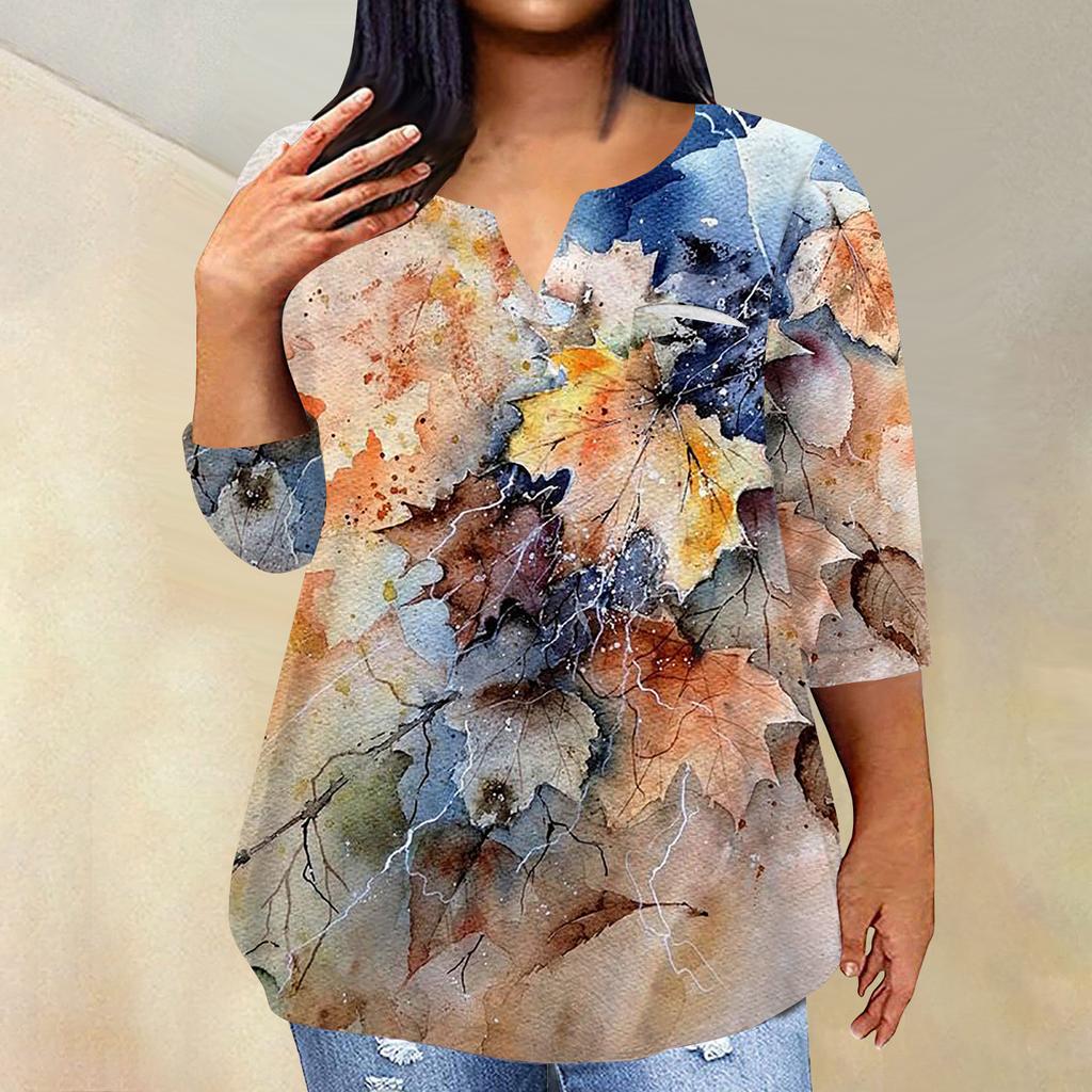 Женский модный повседневный пуловер с рукавами три четверти и V-образным вырезом с принтом, топ с рукавами 4/3