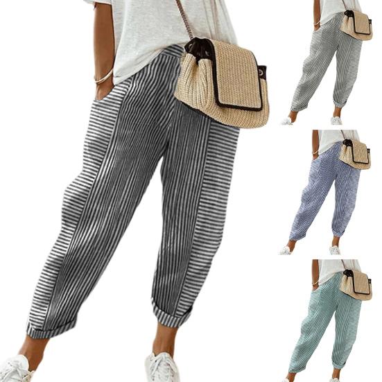 Women Casual Pants Elastic Waist Mid-rise Summer Jacquard Long Pants with Pockets Striped Print Loose Fit Trousers