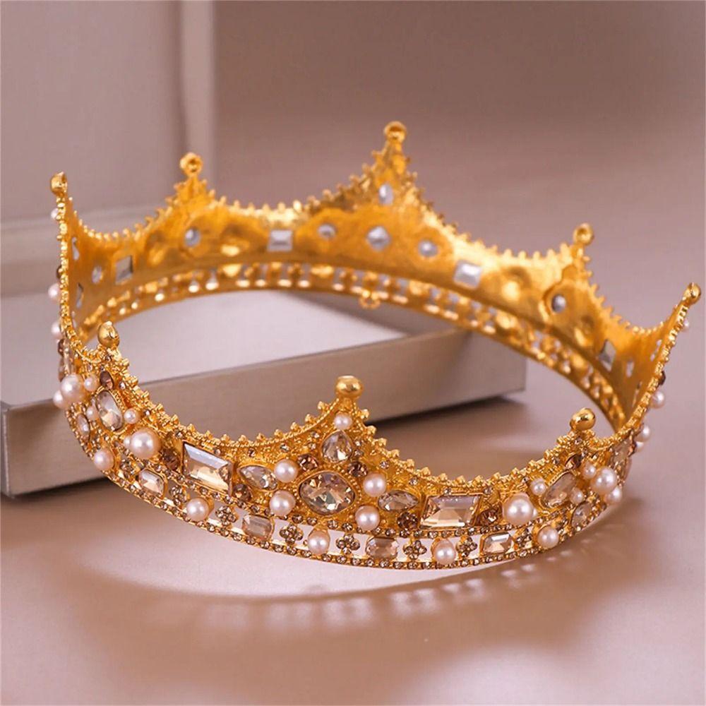Pearl Bridal Tiara Crown Round Shape Pageant Prom Headpiece Vintage Baroque Crown  Costume Party