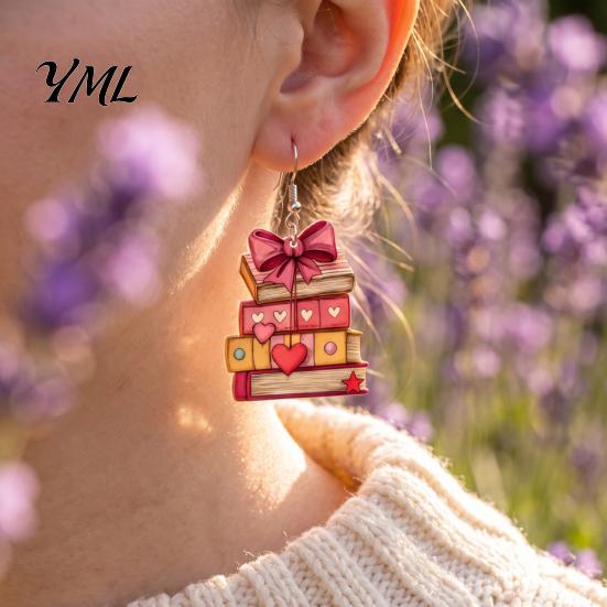 Statement Earrings for Women 1 Pair Acrylic Book Women, Vintage Stacking with Pink Chic School Season Accessories Bow And Heart, Funny Dangle Jewelry,