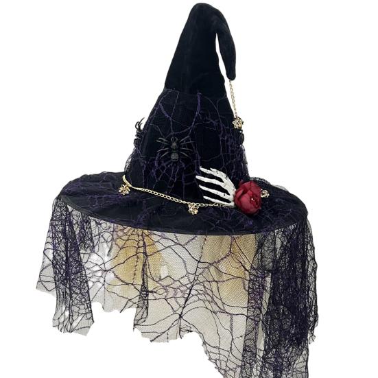 Creative Halloween Props Punk Skeleton Hand Witch Hat with Spider And Veil, Black Large Reusable Holiday Ornaments Wizard Costume Accessory