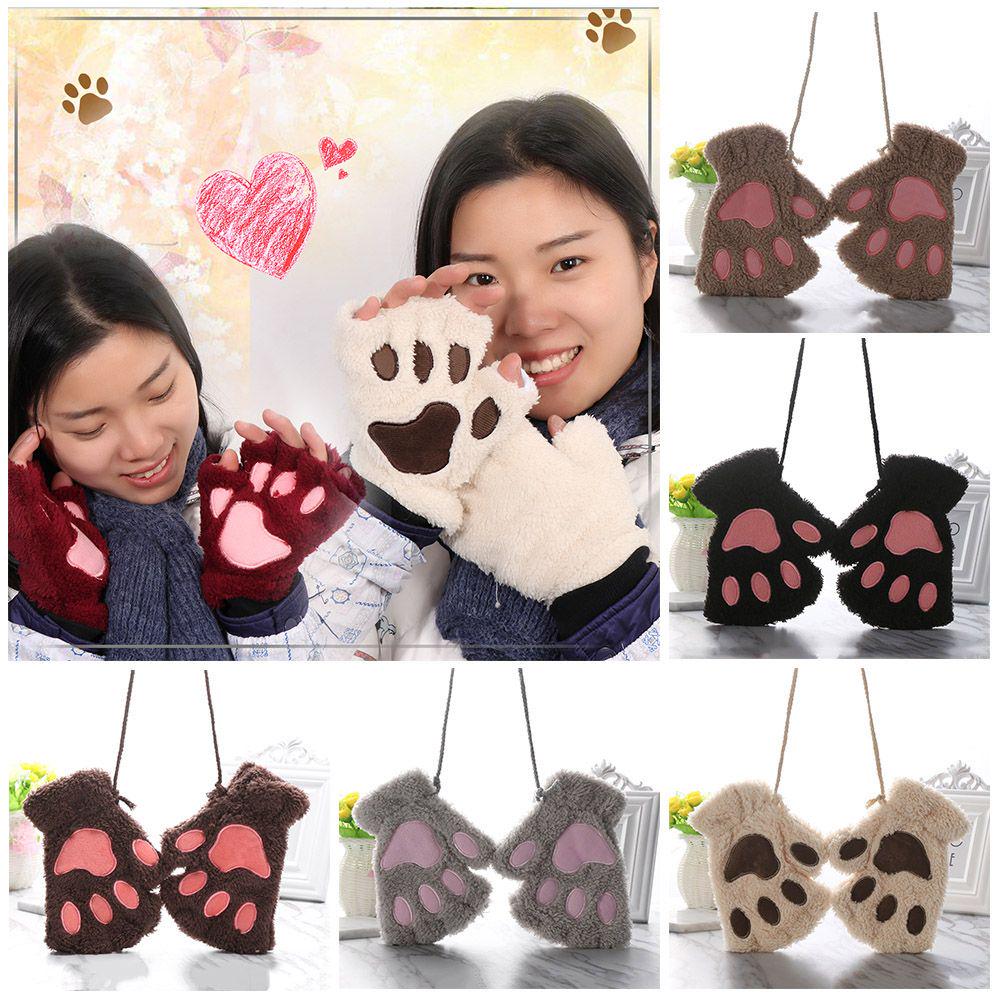 14Colors Girl Warm Fluffy Lovely Fingerless Bear Cat Paw Gloves Plush