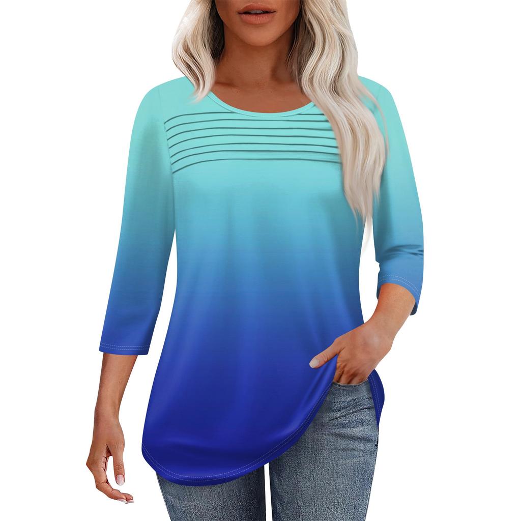 Women's Fashion Round Neck Pleated Front Placket Solid Color 3/4 Sleeve Top