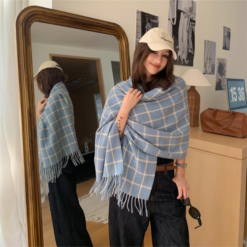 Soft Waxy Plaid Scarf for Girls To Keep Warm In Winter Thickened Scarf Retro Plaid Knitted Scarf New