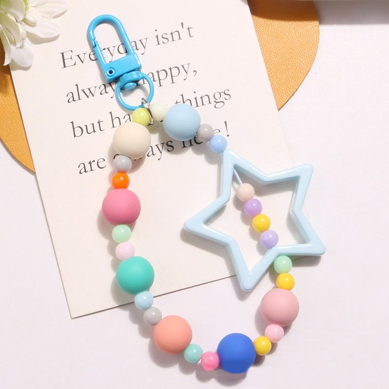 Colored Hollow Out Five-Pointed Star Keychain Pendant Dopamine Colorful Style Beaded Chain Earphone Case Keychain Accessories