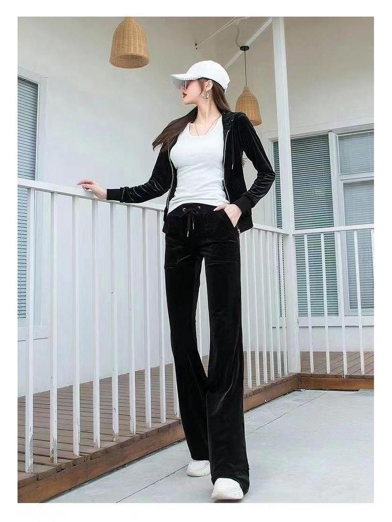 Women's Gold Velvet Hooded Sweatshirt and Straight Pants Two-Piece Sports Suit for Spring and Autumn