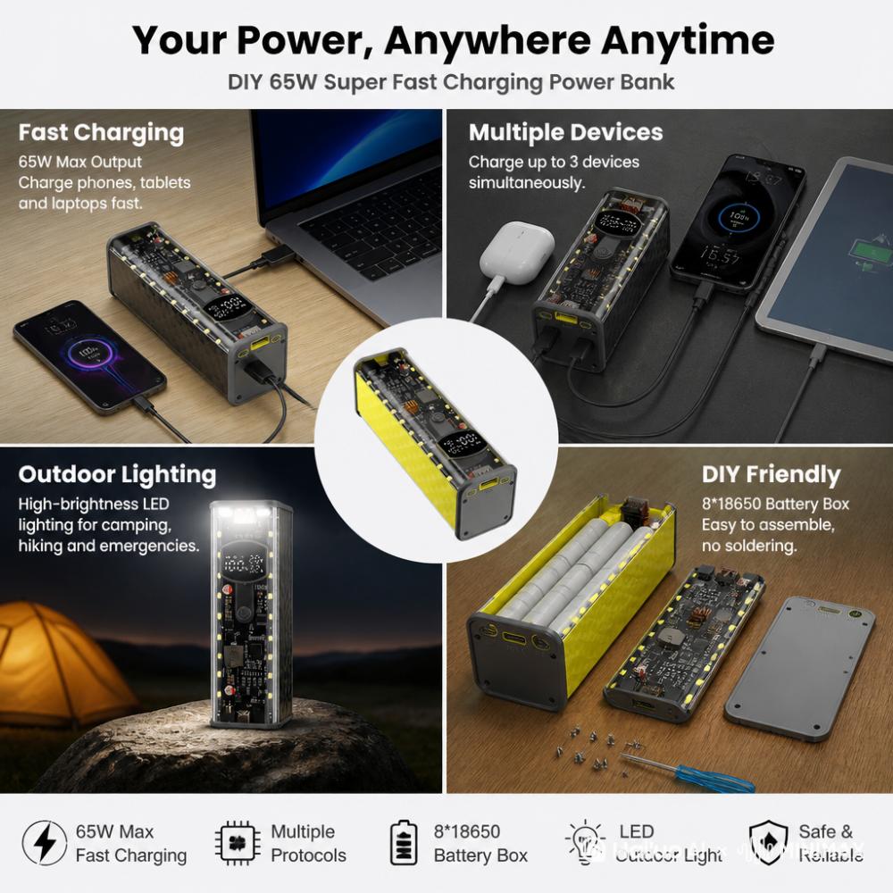 Power Bank Super Быстрая Зарядка PD 65W/45W/20W Модуль DIY Корпус Со Встроенным Зарядным Кабелем DIY Батарейный Блок Место для 8-Элементного Аккумулятора