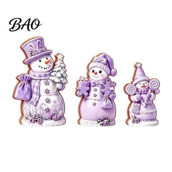Christmas Gift for Kids 3PCS Snowman Wooden Ornaments, Decorative Cute Festive Figures, Pink And Purple Decor High-definition Printing Crafts Holiday
