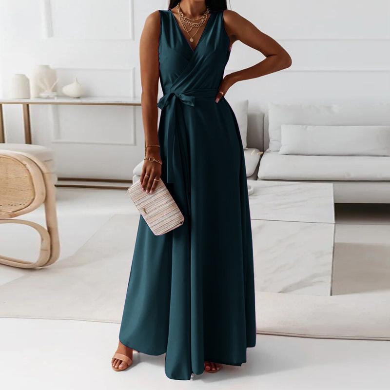 2025 Летнее Вечернее Длинное Платье на Шнуровке Однотонное с V-образным Вырезом