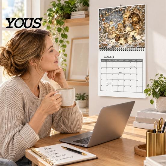 Настенный календарь 2027 года Brambly Hedge Calendar, 12-месячный подвесной планировщик с винтажной записной книжкой для академического года, Лесная мышь, Гриб, Акварель