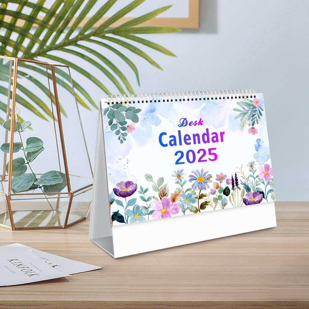 Small Desk Calendar Floral Desktop Standing Calendar, Horizontal Gold Coils Binding Calendar Monthly Flip Schedule For Home Classroom
