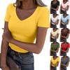 Ladies Slim Bottom T-shirt Fashion Casual Solid Colour V-Neck Pullover Short Sleeve Top
