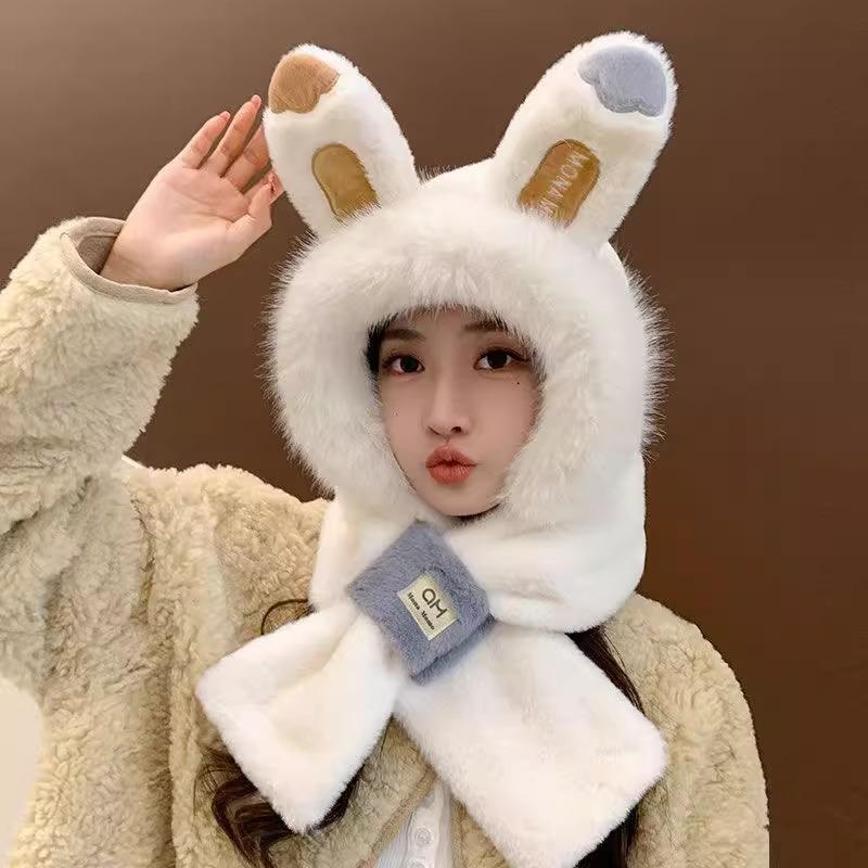 Bunny Ears Hat and Scarf All In One Hat for Women Winter Plush New Style Scarf Furry Two Piece Suit