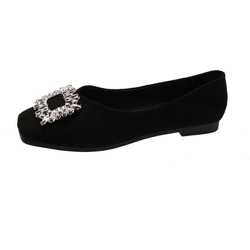 Design sense black square head temperament low heel single shoes rhinestone high heels versatile commuter women's shoes