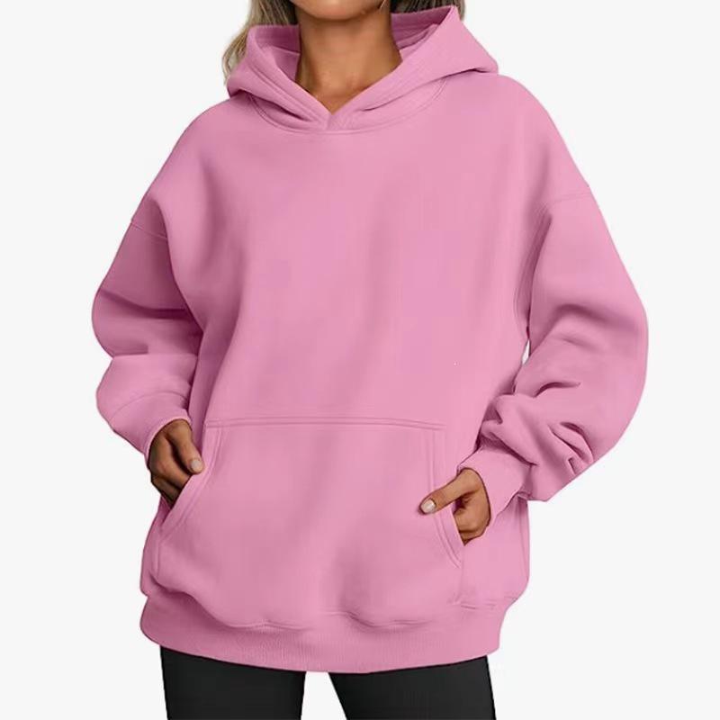 Women's Fleece Street Hip-Hop Hoodie: Autumn/Winter Solid Color Long-Sleeve Loose Pullover with Pocket