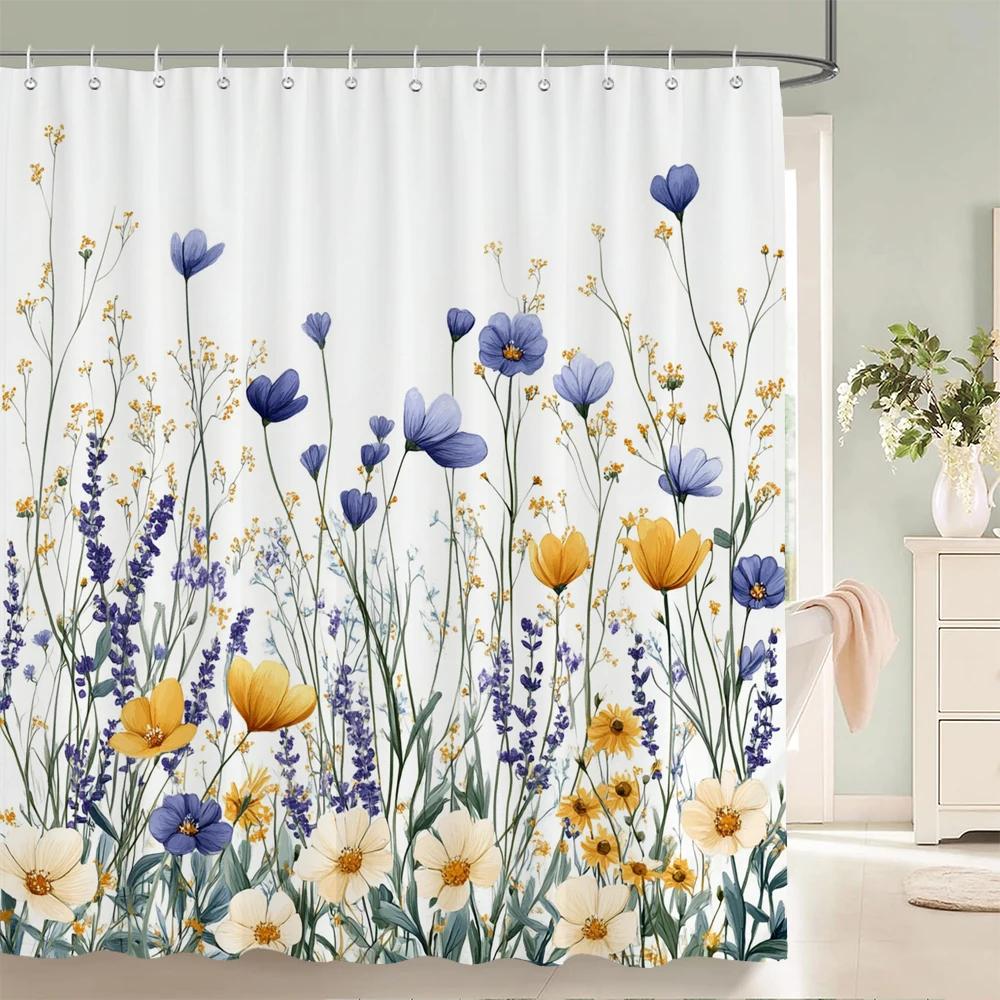 Watercolor Flowers, Leaves And Butterflies Shower Curtain Floral Printed Bathroom Bath Curtain Home Decor Curtain With Hooks