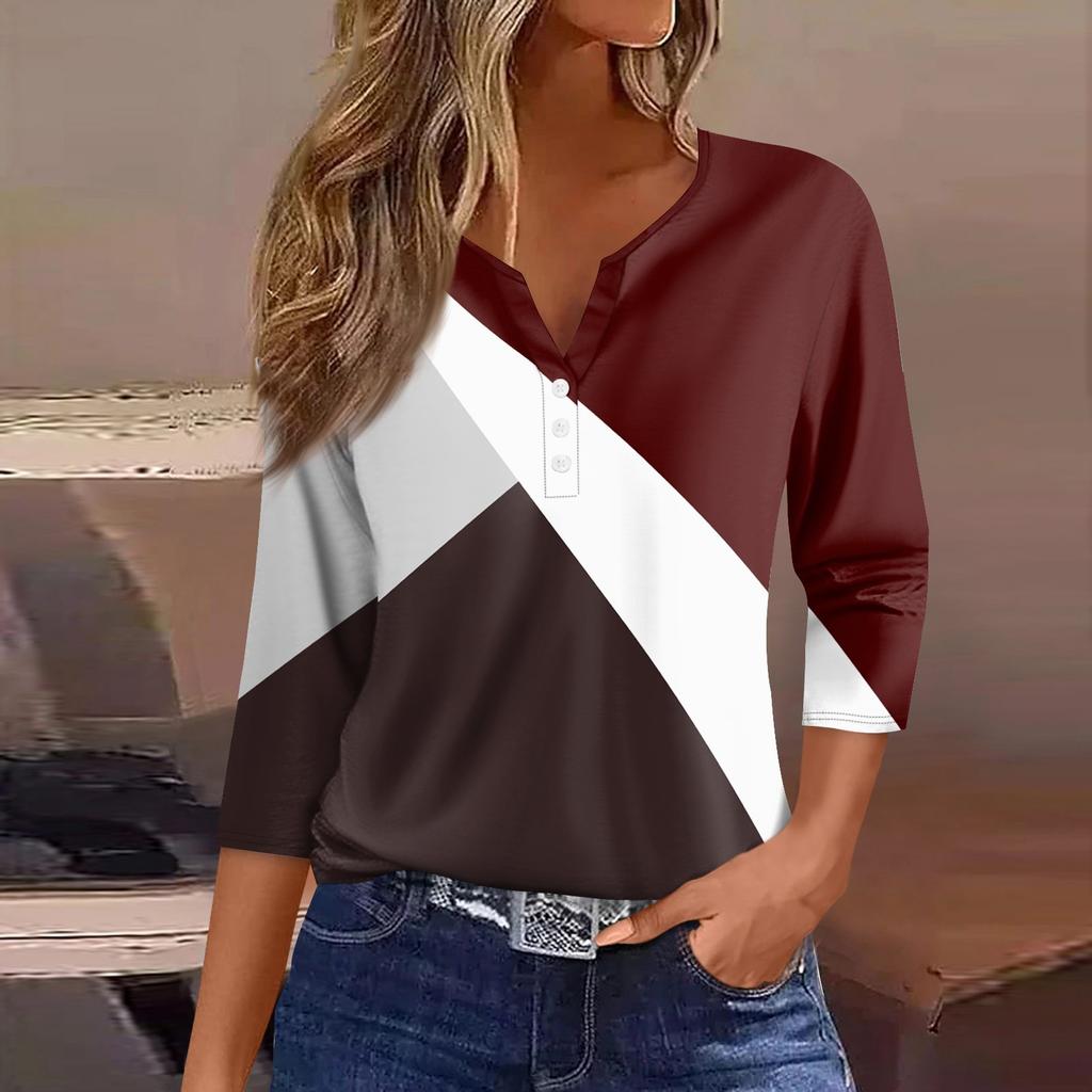 Жен. Футболка Футболка С принтом Пуговицы Рукав 3/4 Повседневные Выходные Мода Классический Классический V-образный вырез Обычный Верх