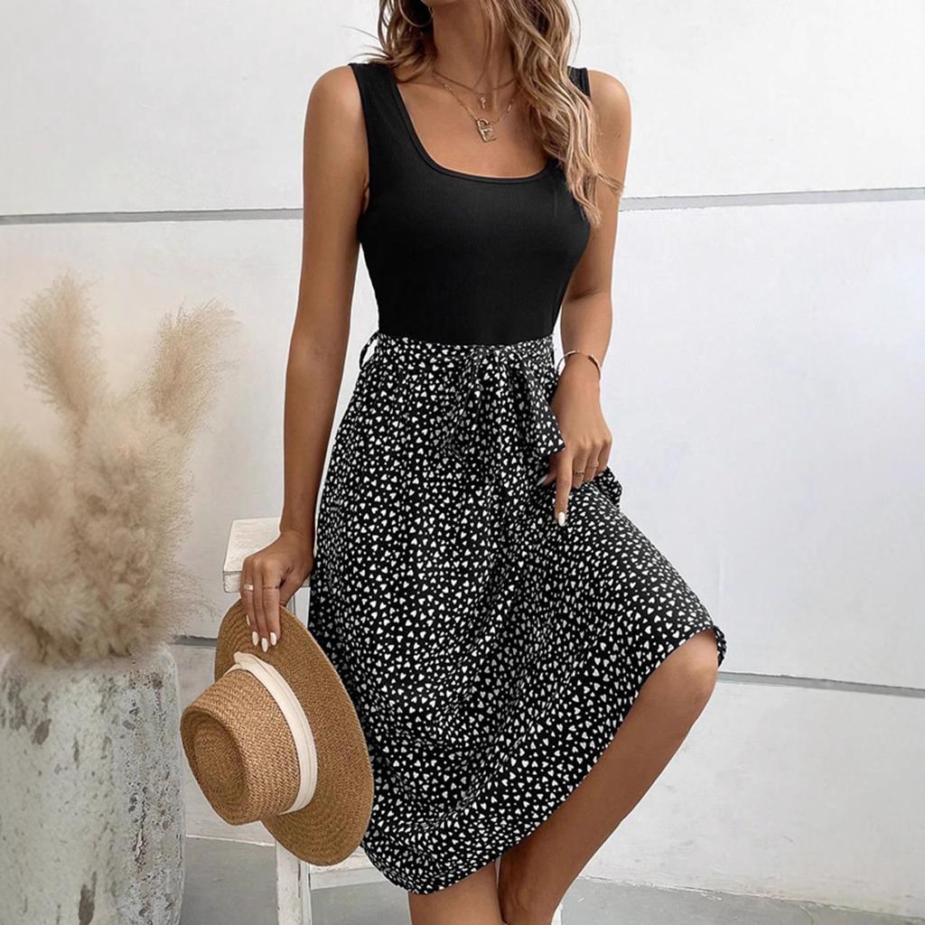 Women Summer Casual Sleeveless Dot Printed Holiday Beach One Piece Dress