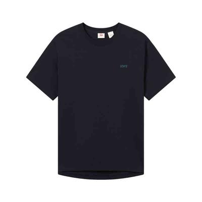 Levis SS25 Футболка мужская повседневная с логотипом, вышитым логотипом, круглым вырезом, рубчатой кромкой, разрезами по бокам, коротким рукавом, темно-синяя 003YV-0001