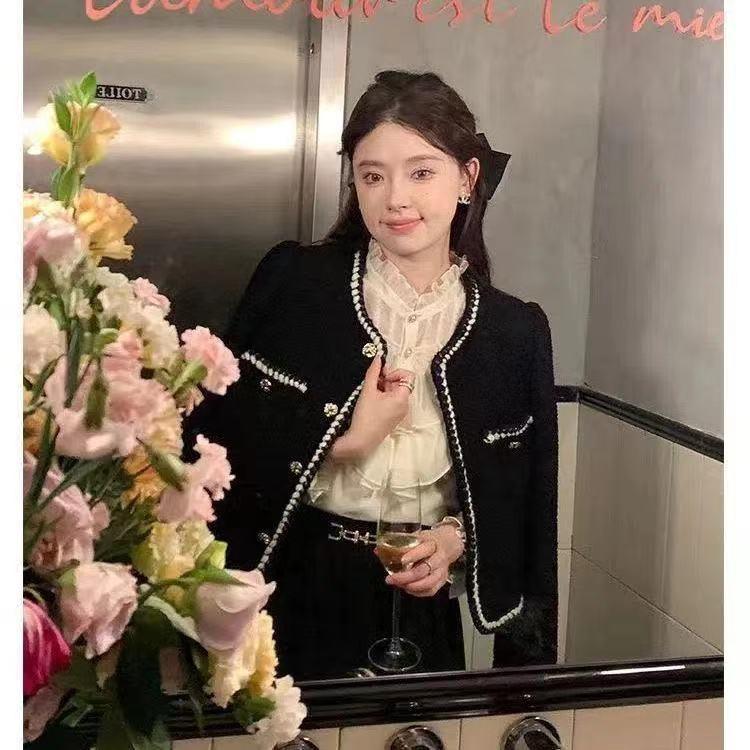 Women Sweet Vintage Tweed Jacket Elegant French Cropped Coat Casual Long Sleeve Simple All Match Retro Female Outwear Tops