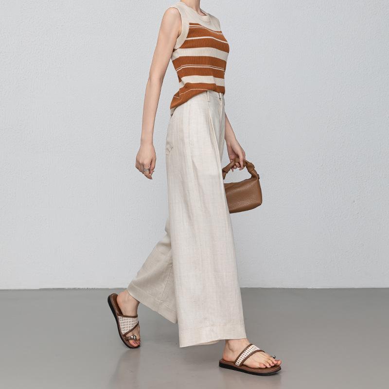 Tencel linen cropped pants for women, summer thin petite wide-leg pants, loose old money style cool herringbone casual pants