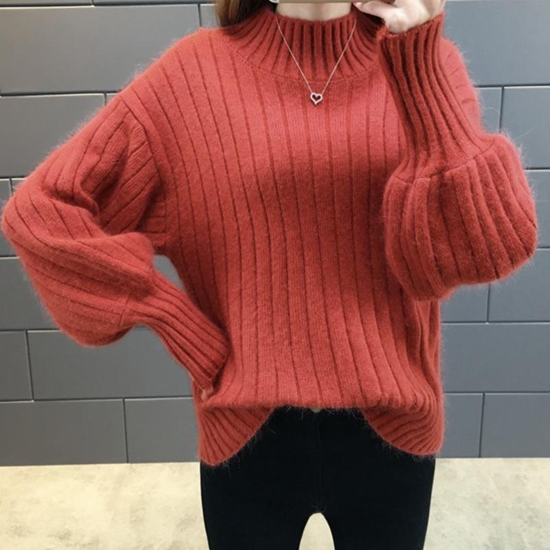 Women Solid Color Lantern Sleeve Half High Neck Sweater Loose Knitting Sweater Women's Knitting Bottoming Sweater Autumn and Winter